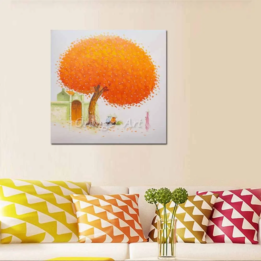 

Hand Painted Abstract Red Tree Palette Knife Oil Paintings On Canvas Red Tree Wall Picture For Children's Room Home Wall Decor