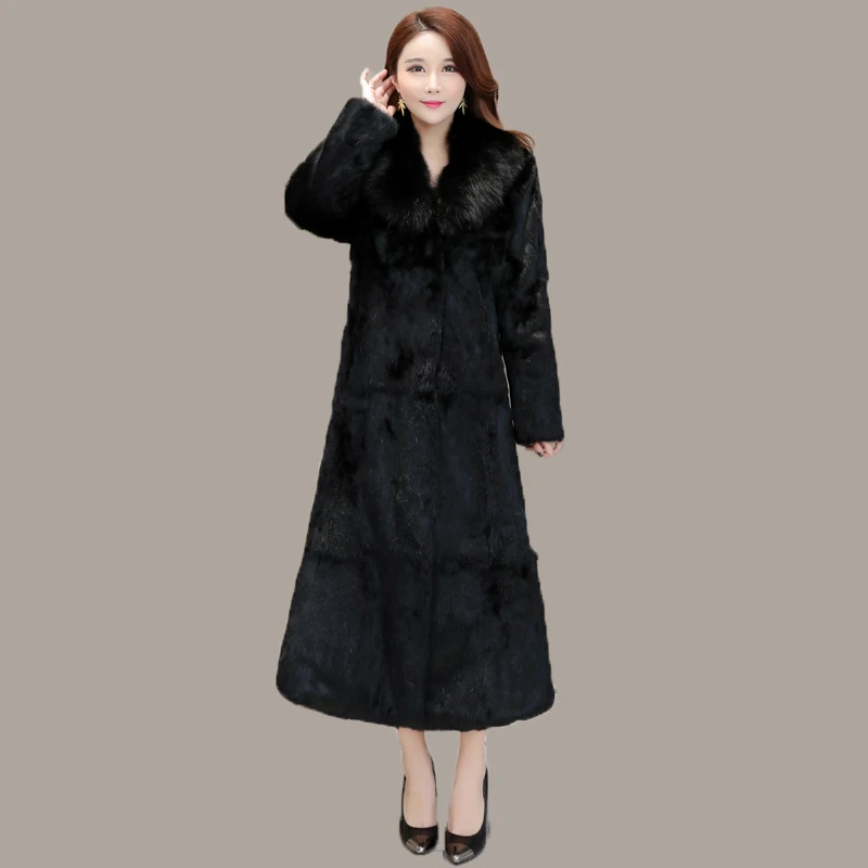 Autumn and winter women's natural fox fur collar rabbit fur long coat warm fashion real fox fur collar rabbit fur coat