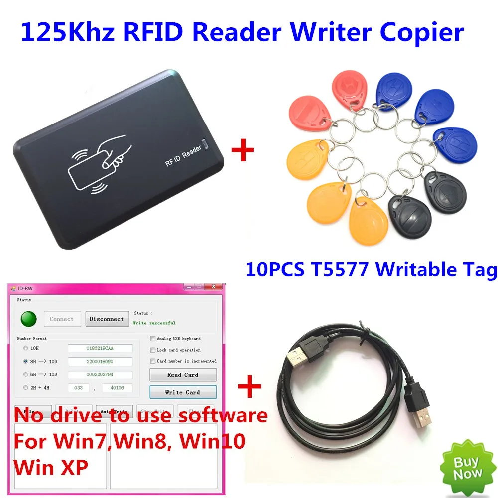 RFID-считыватель 125 кГц, записывающее устройство, копировальный аппарат, дупликатор, программатор, 10 шт. перезаписываемых бирок EM4305/T5557, демонстрация без драйверов, программное обеспечение