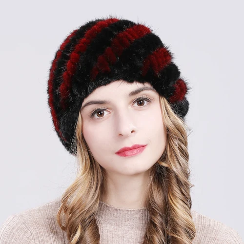 wine red and black Шапка Rea из натурального меха норки для русской зимы, вязаная женская шапка из натурального меха норки, Высококачественная эластичная женская шапка из меха норки в полоску - Цвет: wine red and black