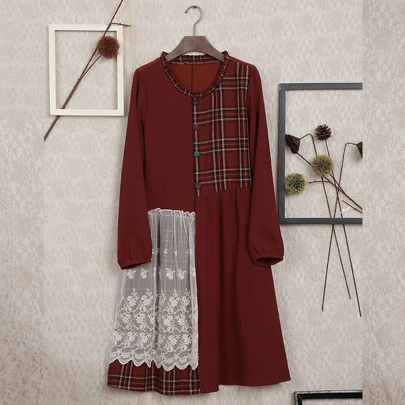 Женское платье в клетку контрастных цветов с кружевом японском стиле Харадзюку