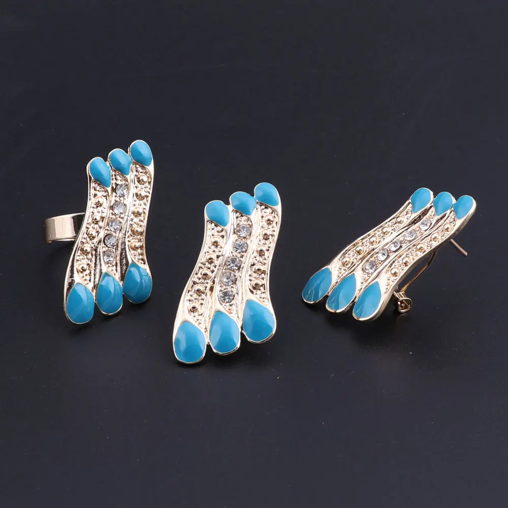 OEOEOS Трендовый стиль кристальный брачный комплект ювелирных изделий свадебное ожерелье серьги голубая эмаль золотого цвета модные аксессуары для вечеринок.