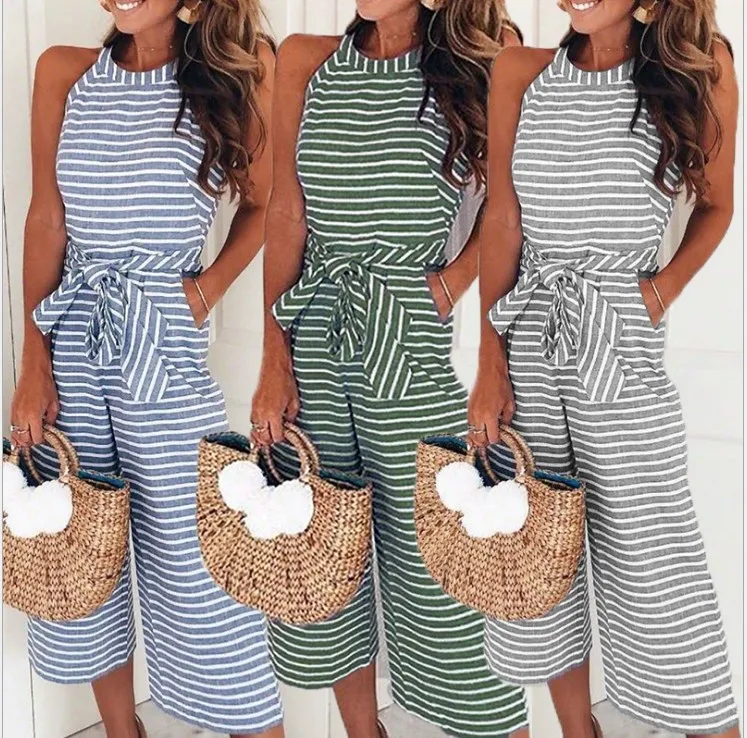 

Elegant Sexy Jumpsuits Women Sleeveless Striped Jumpsuit Loose Trousers Wide Leg Pants Rompers Holiday Belted Leotard Overalls