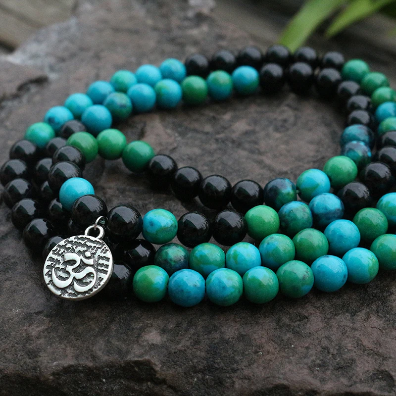Бусины Mala 8 мм черный оникс Chrysocolla JapaMala духовные украшения молитва медитация Ом 108