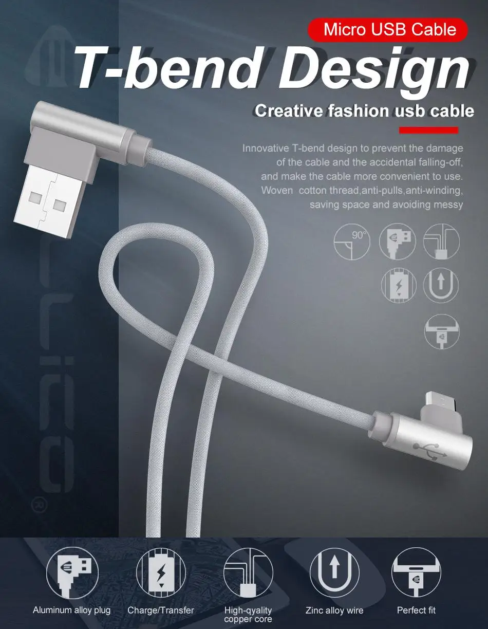 Jellico Быстрая зарядка Micro USB кабель угол 90 градусов L Форма нейлон плетеный кабель зарядного устройства для Xiaomi huawei Micro USB порт