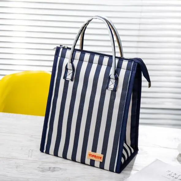 blue stripes Модные водонепроницаемые холщовые сумки для ланча для женщин, детей, мужчин, сумка-холодильник для ланча, сумка-тоут, высокое качество, портативная изоляционная посылка, еда - Цвет: blue stripes