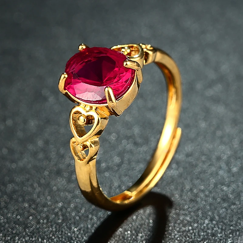 Фуксия Овальный Циркон Кольца для женщин изменяемое сердце золотистого цвета