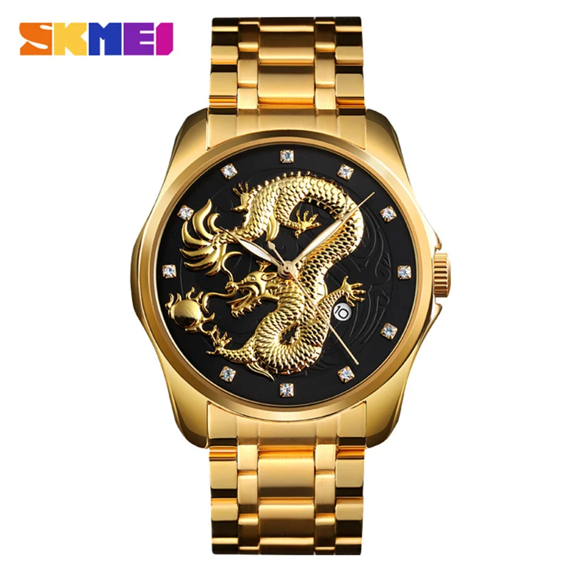 gold black SKMEI лучший бренд класса люкс мужские часы золотой дракон кварцевые часы для мужчин водонепроницаемый Дата дисплей Нержавеющая сталь ремешок наручные часы для мужчин - Цвет: gold black