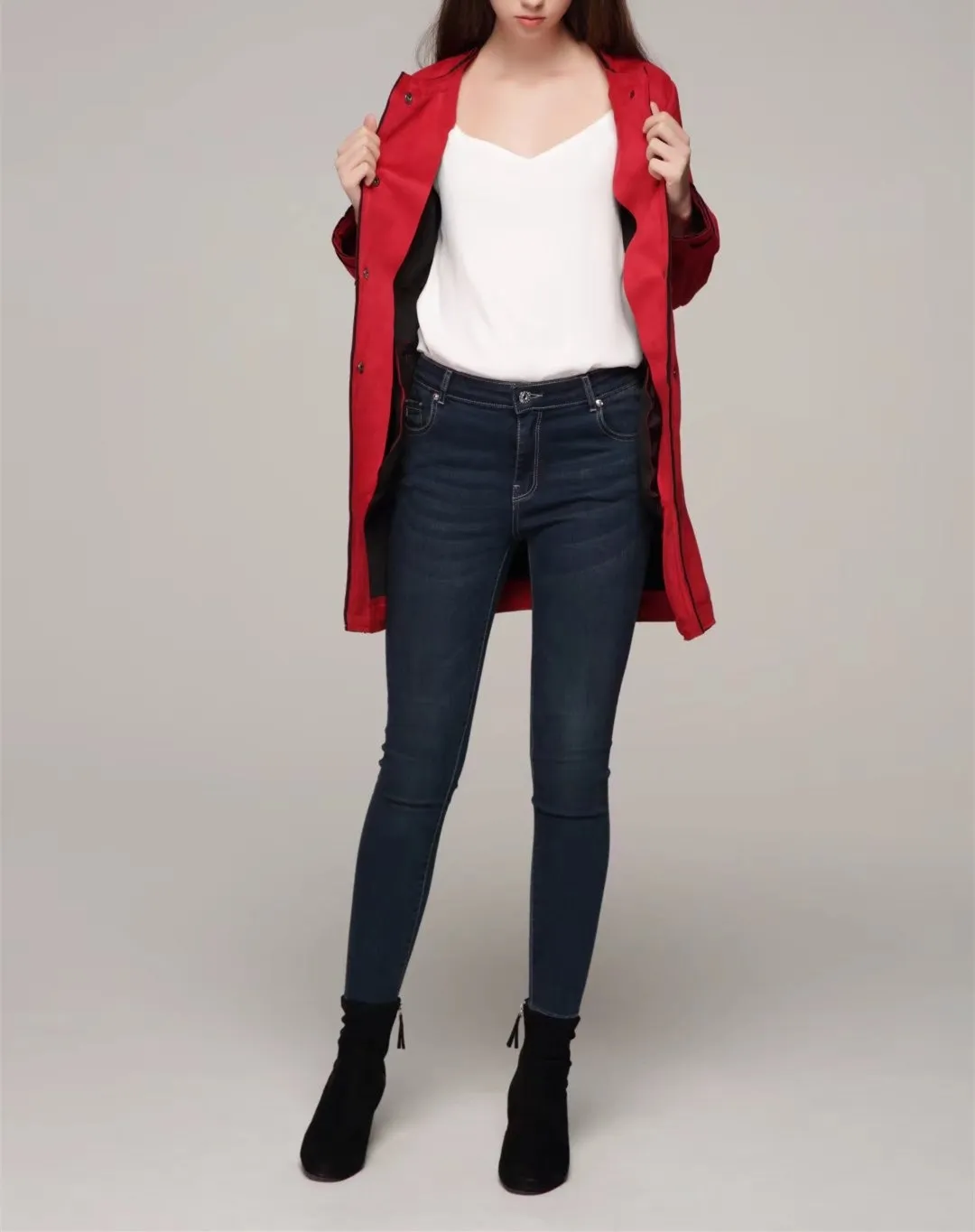 

Fashion Nice New Women Autumn Suede Casual Jackets Elegant Faux Leather Patchwork Bodycon Coat Lady Red Matte Long Outwear