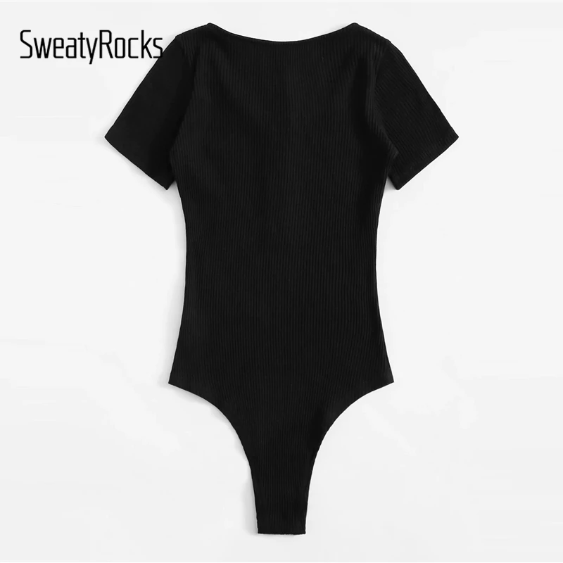SweatyRocks цельное кольцо с глубоким вырезом, боди, уличная одежда, Женский Повседневный комбинезон,, летние обтягивающие черные базовые боди