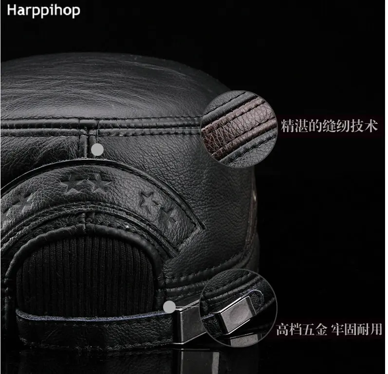HARPPIHOP, меховая модная военная шапка из овчины, Кадетская шапка, шапка для мужчин, натуральная кожа, шапка для пятидесяти лет, теплая шапка с ушками