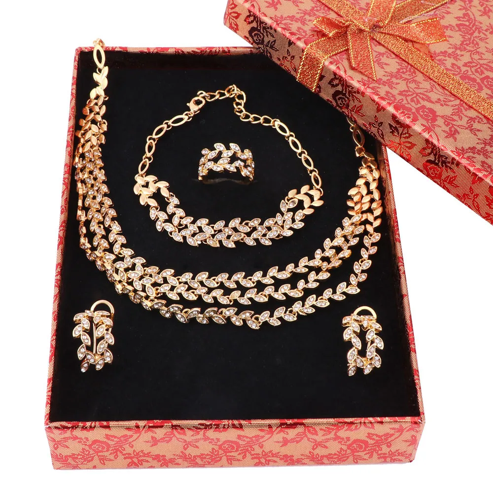 Посеребренное 3 слоя в форме листьев ожерелье Кристалл Ювелирные наборы с