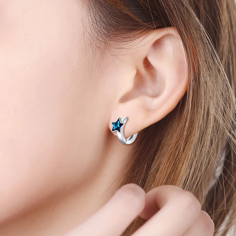 Shineland Blue Stars Round Circle Hoop Earrings 925 Sterling Silver Jewelry For Women Girls Statement Summer Hot Gifts | Украшения и