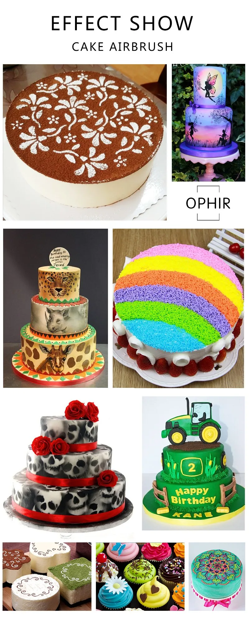OPHIR PRO распылитель для торта, инструменты для украшения, включая 15x трафареты для торта, 7x пигменты для пищевых продуктов, формы для выпечки, инструменты для Cakes_OP-CA001