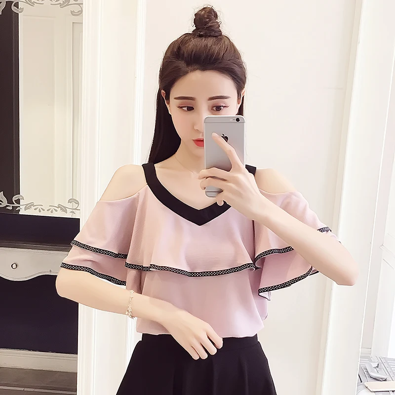 Женская шифоновая блузка с оборками и открытыми плечами | одежда