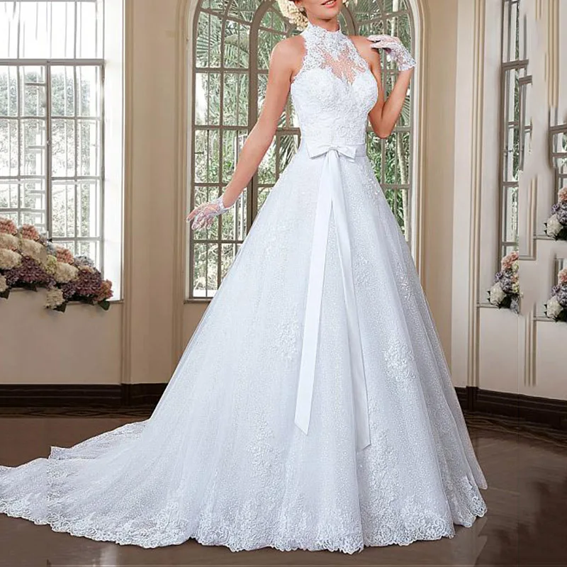 Великолепная Холтер Линии Свадебные Платья Vestido Де Noiva Роскошные Кружева