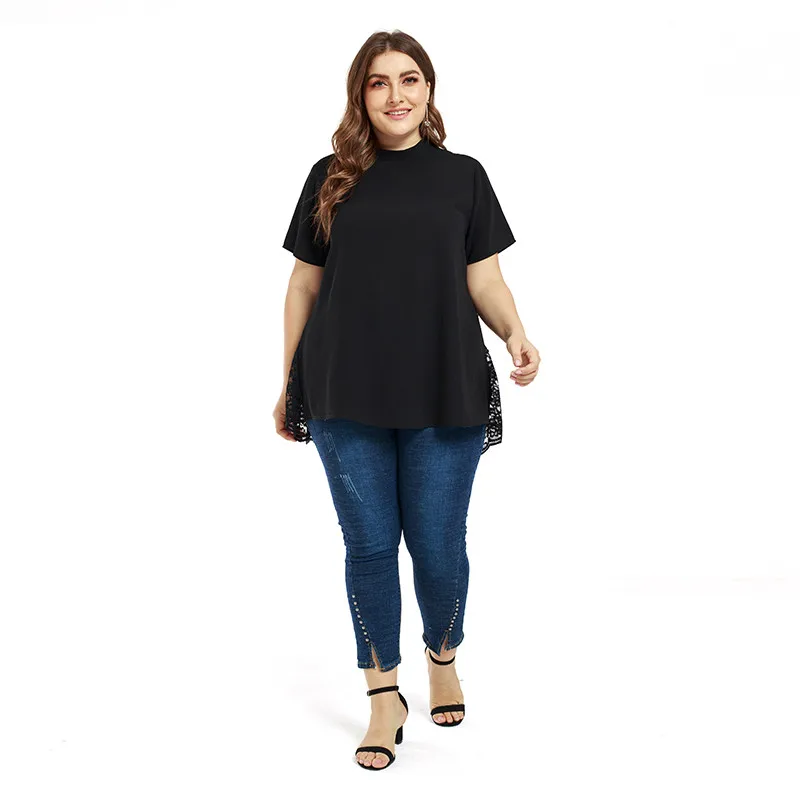 

BachashWomen's Shirt Lace Blouse Large Size Loose O-neck Tops Fat MM Solid Color Casual Hollow out perspective clothes