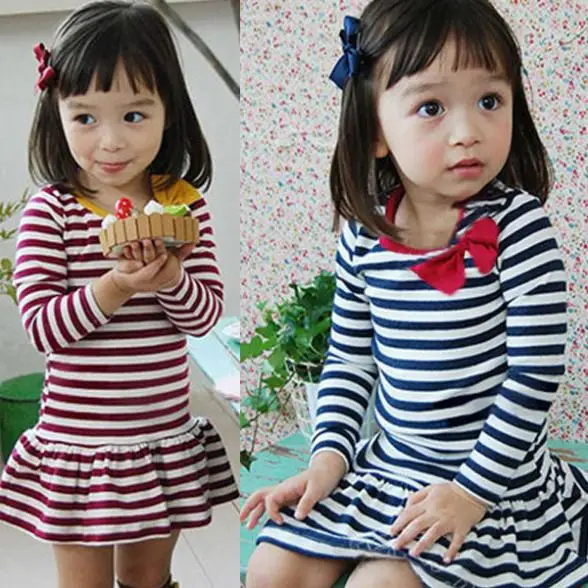 Hot Selling Kids Baby Girls Dress Long Sleeve Stripe Bow Tutu Dresses Party Costume Clothes | Детская одежда и обувь