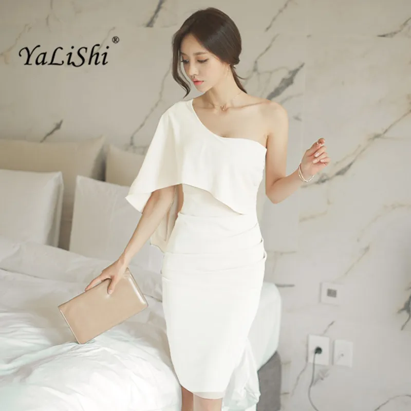 

YaLiShi Women Dress Bandage Office Bodycon Sexy Party White Dress 2022 One-Shoulder Ruffles Dresses Vestidos De Festa Femme