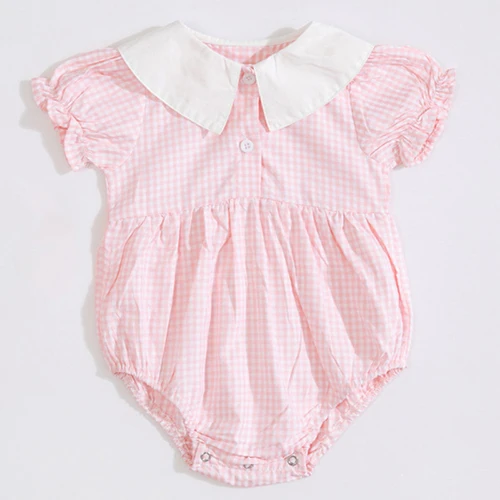 Pink Дети Розовый боди для маленьких девочек одежда Рубашка с короткими рукавами хлопковый костюм с клетчатой маленький круглый воротник для лета комбинезон для новорожденных - Цвет: Pink