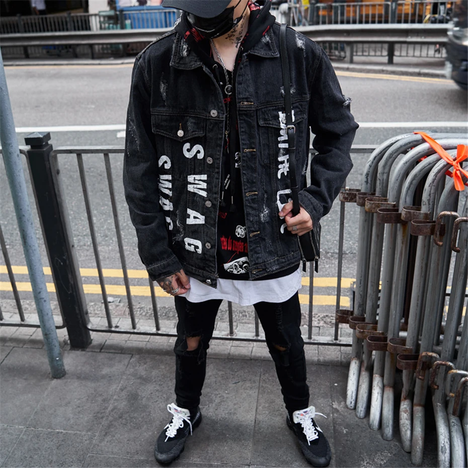 Hip Hop Denim Jackets Men Harajuku Letter Print Jeans Jacket Coat Mens Hole Destroyed Jeans Jackets Streetwear Black WG352