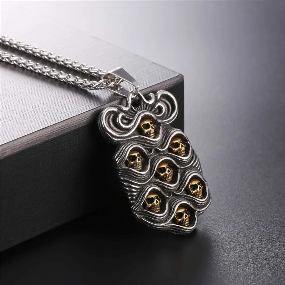U7 Винтаж Нержавеющая Сталь Череп Кулон с Цепочкой Ожерелья Панк Рок Хиппи