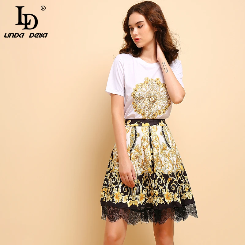 LD LINDA DELLA Fashion Spring Summer Suits Women's Elegant Short Sleeve Beading T-shirt+Vintage Floral Printed Skirt 2Pieces Set