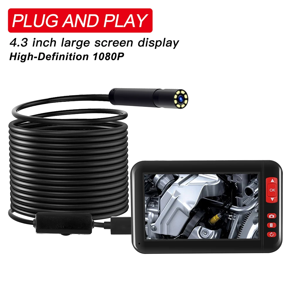 

Industrial Endoscope Borescope Inspection Camera Built-in 8pcs LEDs 8mm Lens with 4.3 Inch High-definition 1080P Display Screen