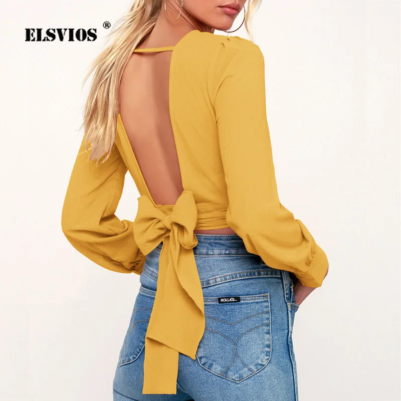 ELSVIOS 2XL открытая сорочка с низким вырезом на спине Женская однотонная летняя