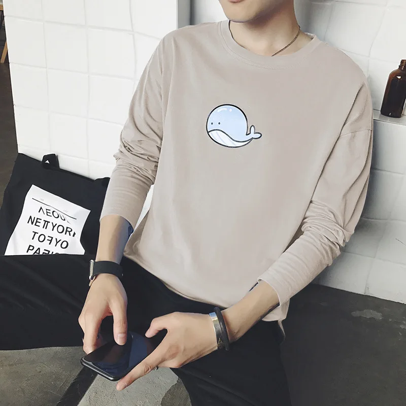 

Hot Sale Spring Autumn 100%Cotton Men's Long Sleeves T-shirts Slim Pullover Solid Color With Whale Cartoon Image T-shirt