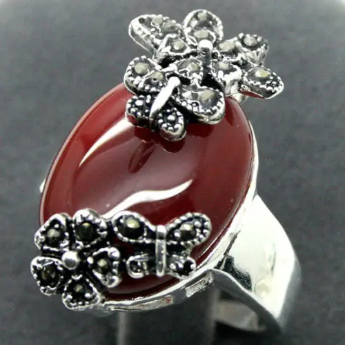 

28*15mm RARE NATURAL RED Natural JADE ONYX 925 SILVER MARCASITE RING SIZE 7/8/9/10