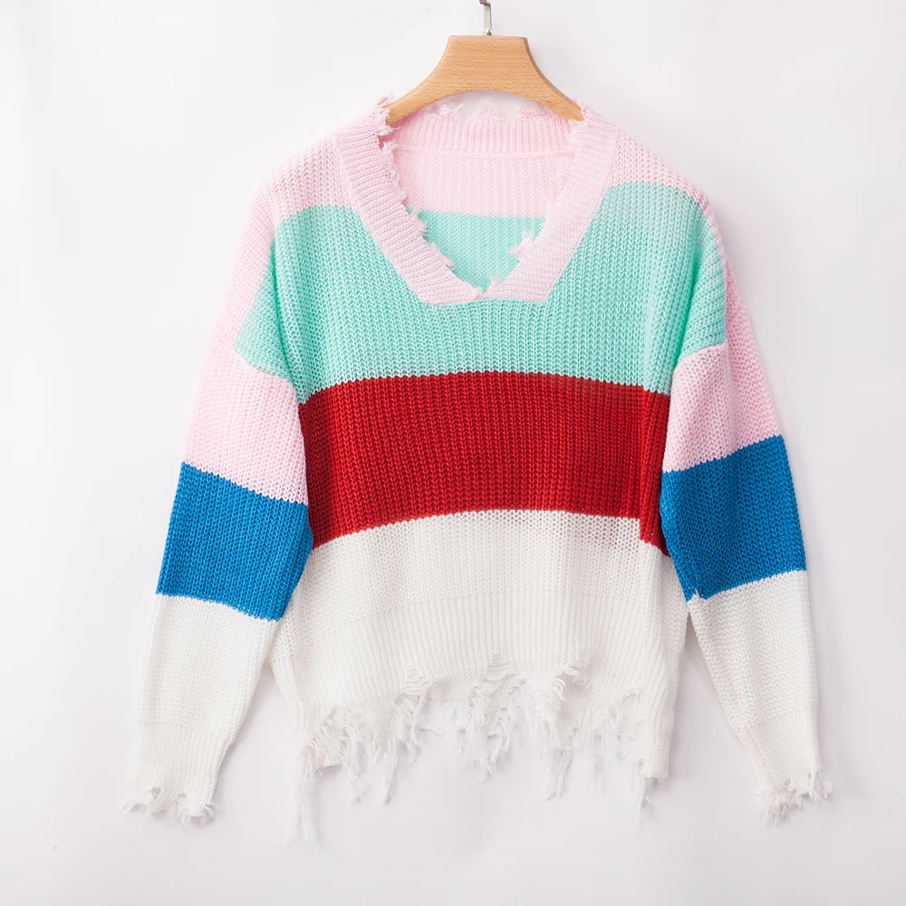 Rainbow Sweater Women Ripped V Neck Pullover and Sweater Long Sleeve Striped Autumn Knit Sweater