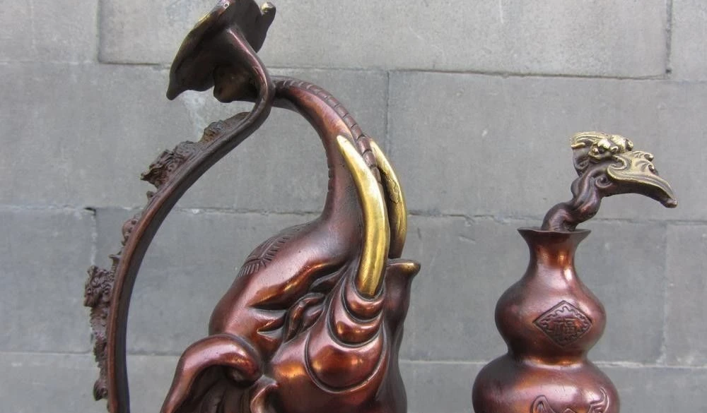 Китайский красный бронзовый медный счастливый благоприятный Ru Yi gourd Три Слона