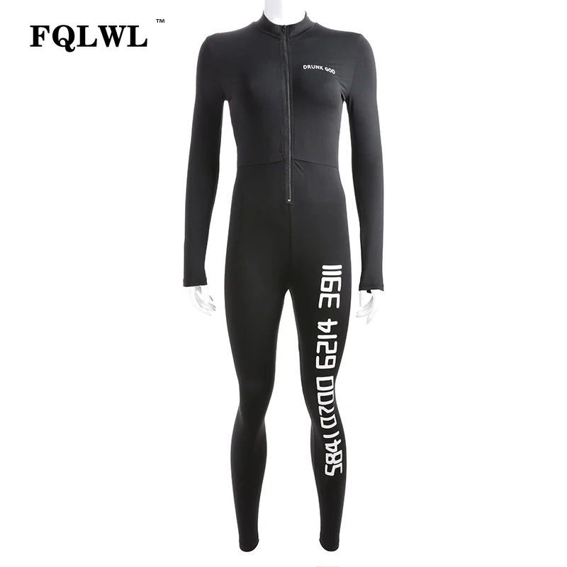 Женский Облегающий комбинезон на молнии FQLWL черный облегающий с буквенным