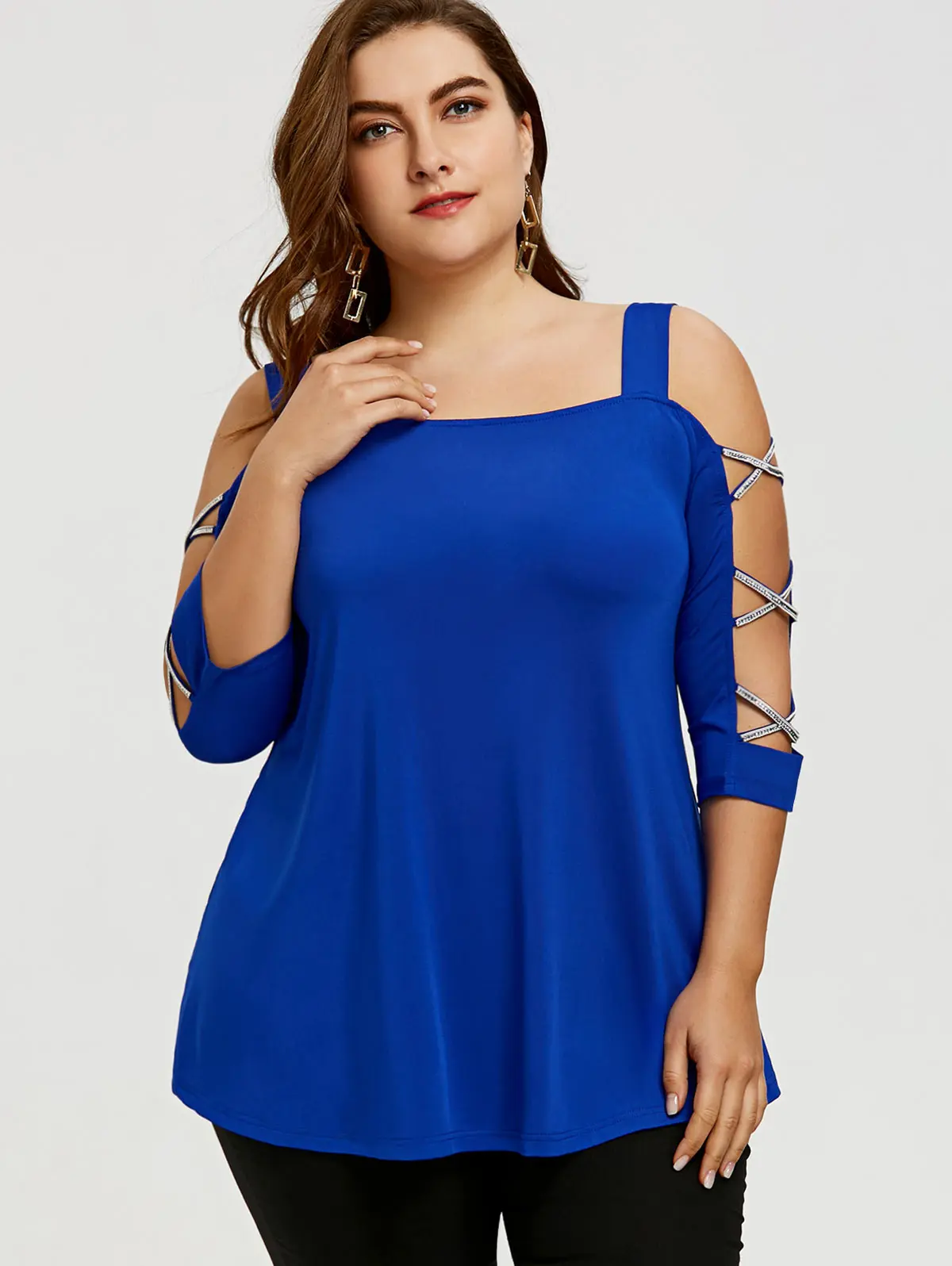 Wipalo Womens Fashions Plus Size 5XL T Shirt With Cut Out Cross Sleeve Cold Shoulder Three Quarter Tops Summer Shirts|fashion t-shirt|t-shirt