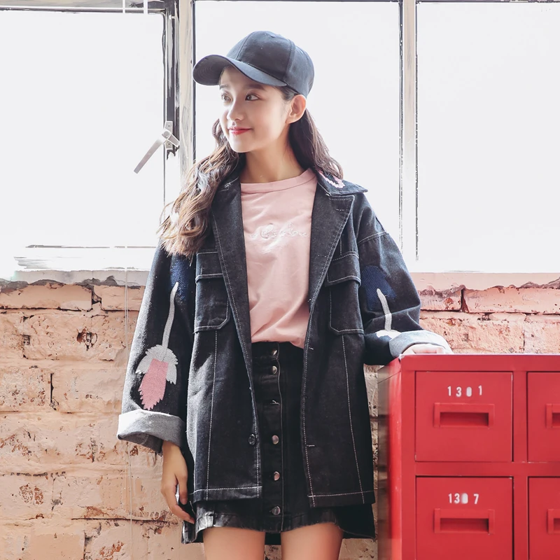 Цветочная джинсовая куртка с вышивкой Для женщин Джинсовое пальто Мода 2017 г.