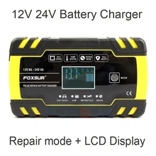 FOXSUR 12V 8A 24V 4A Pulse Repair Battery Charger, Motorcycle Truck & Car Battery Charger, AGM GEL WET Lead Acid Battery Charger