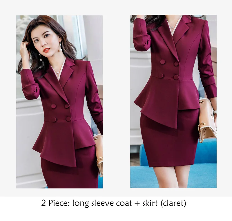 claret coat skirt Для женщин костюмы элегантный профессиональная одежда нерегулярные Chic пиджаки Офисные женские туфли модные Повседневное работы пальто брюки костюмы Женская одежда - Цвет: claret coat skirt