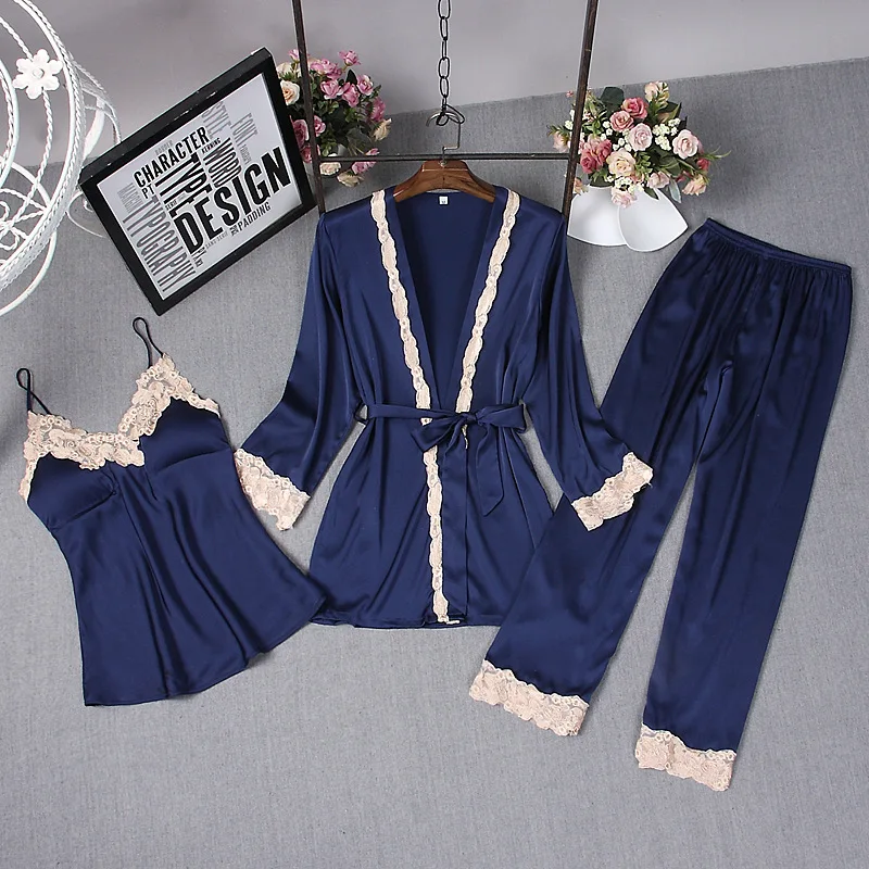 

Satin Pajamas for Women Elegant 3Pieces Sleepwear Female Sexy Lace At All Seasons Silk Pajamas Set Coat+Vest+Pants 2019 Pijama