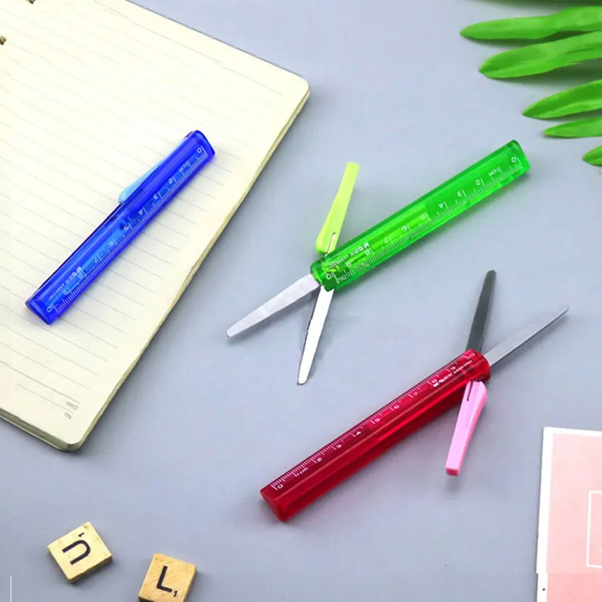 

Students Portable Scissors With Scale Ruler Office Supplies Paper Cutter 2 in 1 Safety Shear Stationery Mini Folding Scissors