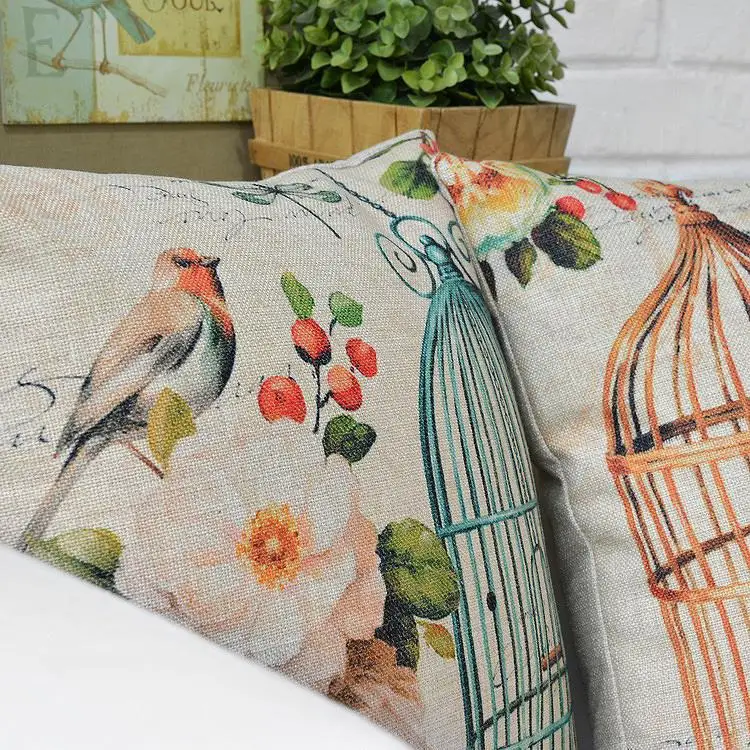 Деревенская Цветочная клетка подушка с птицей для поясницы льняная наволочка