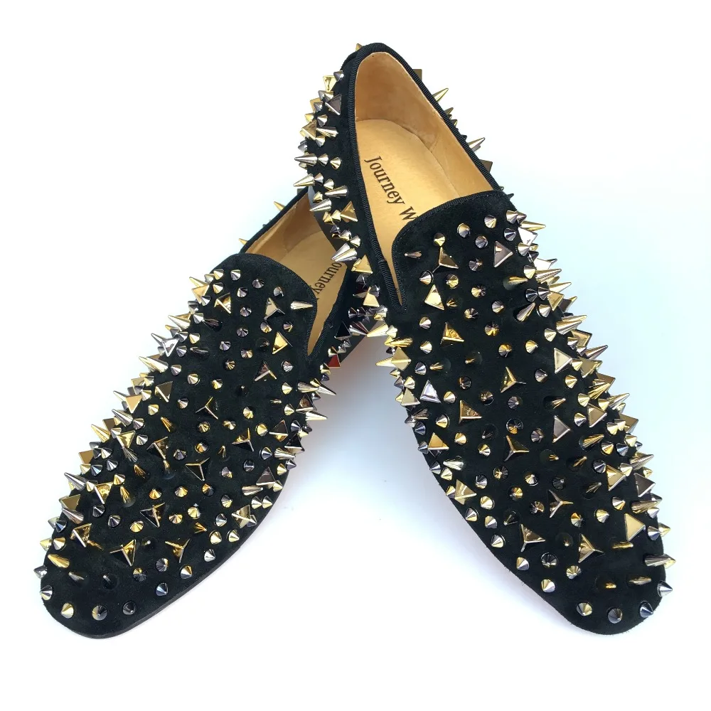preço Novo Feito à Mão Dos Homens De Couro Preto Chinelos Mocassins Sapatos Com Picos De Ouro Fundo Vermelho Apartamentos Festa De Formatura Sapatos Tamanho 7-14