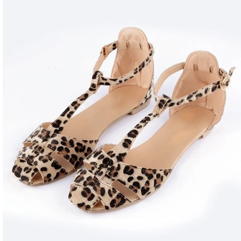 leopard Летние женские сандалии с леопардовым принтом; Замшевые женские балетки с Т-образным ремешком на щиколотке; модная мягкая женская однотонная повседневная обувь - Цвет: leopard