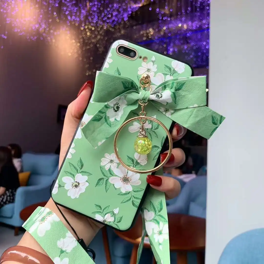 case and strap Для iPhone XS Max 3D цветок задняя крышка+ пленка для экрана из закаленного стекла для iPhone X XR 7 8 6s Plus чехол бант Подвеска+ ремни - Цвет: case and strap