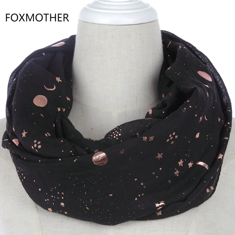 FOXMOTHER Бежевый Розовый Блестящий металлический фольгированный принт Звезда Луна солнце круг шарф кольцо платок для женщин шаль для женщин - Цвет: Black Loop