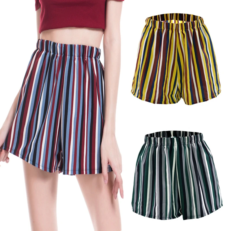 

Ensnovo Womens Summer Casual Shots Stripe Elastic Waist Slant Pocket Shorts Beach Hotpants