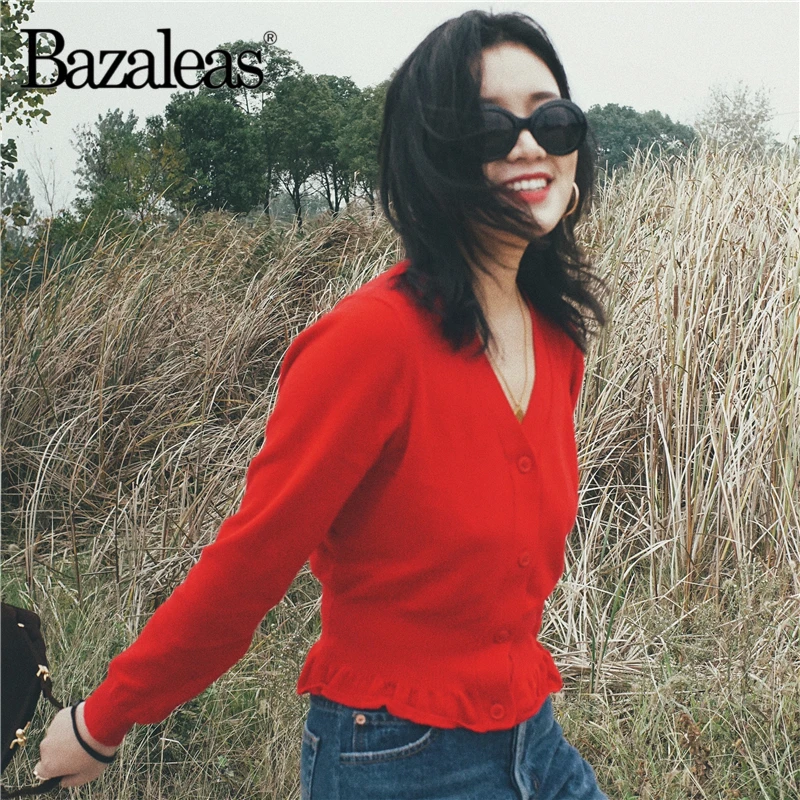 Bazaleas Autumn Vintage waistcoat V Neck harajuku Kintted Carfigans Fashion red Women Sweater Casual Bottom Ruffles |