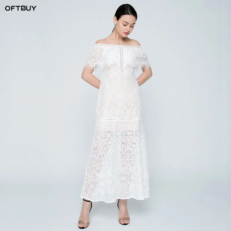 OFTBUY 2019 Бохо летнее кружевное платье с открытыми плечами Цветочная вышивка белое