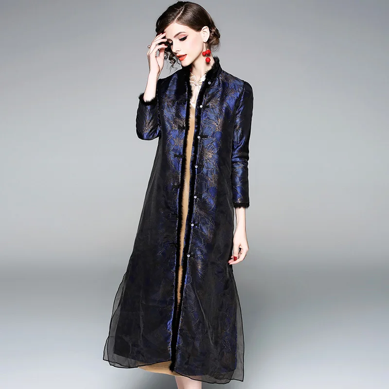 Для женщин темно-голубое платье зимняя одежда Cheongsam платья вышивка женский