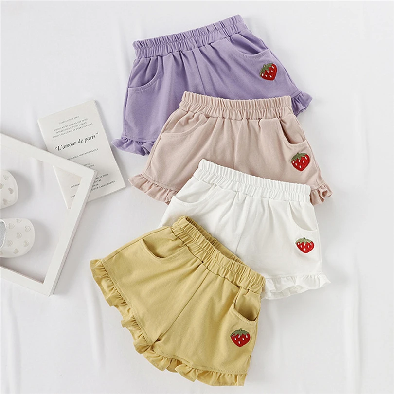 

Children's Baby Girls Candy Color Ruffle Shorts Kids Summer Strawberry Embroidered Elastic Waist Casual Hot Pants 1-6 Years A25